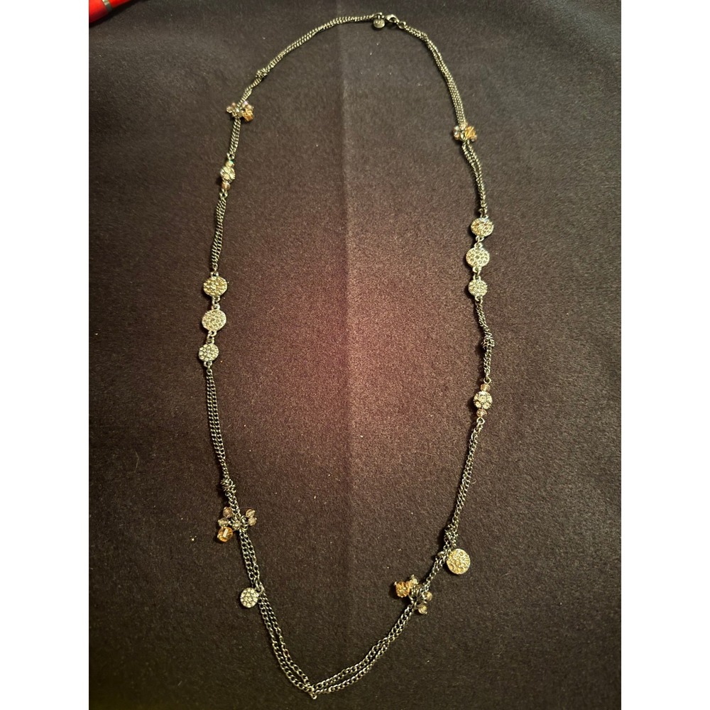 Gunmetal Crystal Station Long Layering Necklace Amber Bead Accents Vintage Style